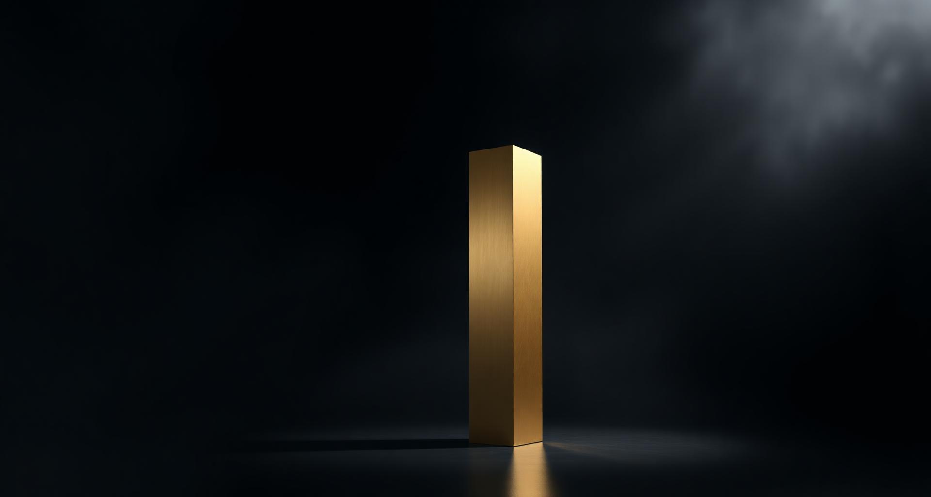 A single brushed gold monolith in a dark void